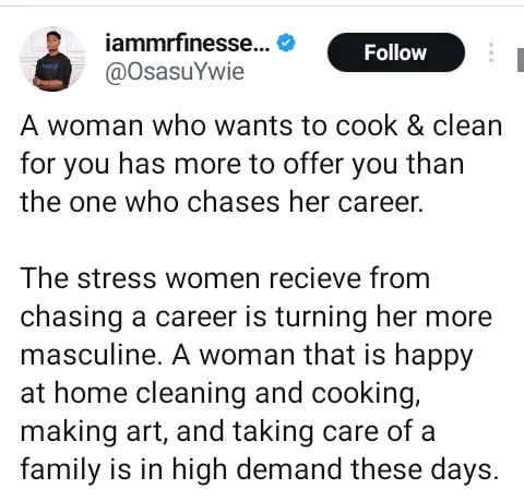 'Why a woman who wants to cook and clean for you has more to offer you than the one who chases her career' - Nigerian man