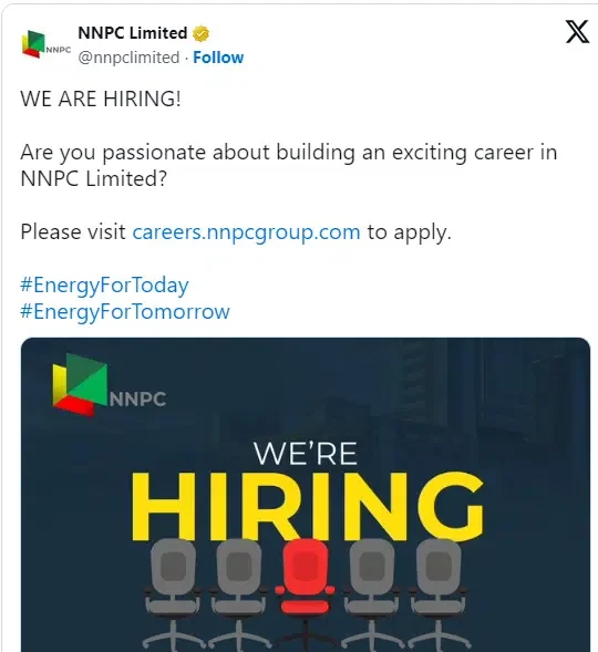 Apply now: NNPC launches nationwide job recruitment for Nigerians