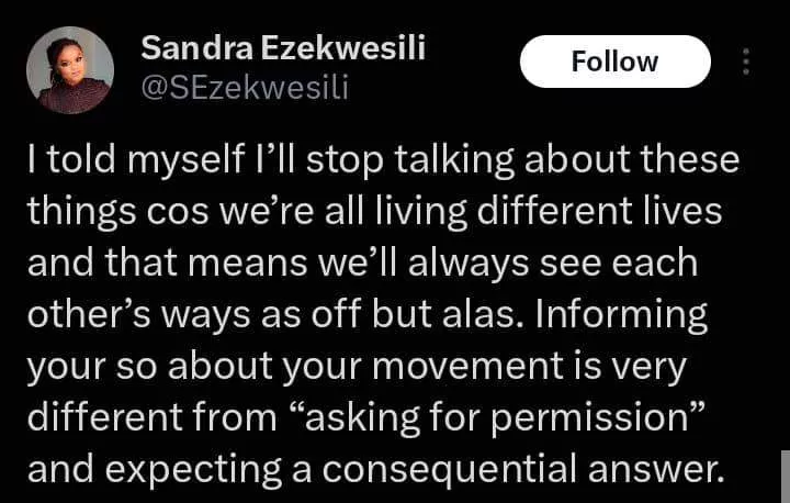 Sandra Ezekwesili enlightens women, asserts no man has right to forbid them from going out