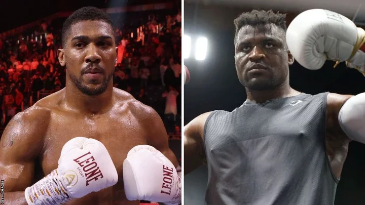 Split image of Anthony Joshua and Francis Ngannou in their boxing gloves