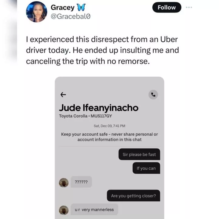 X users react after a lady shared her exchange with an Uber driver