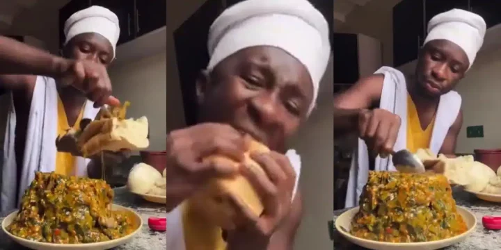 Nigerian man breaks the internet as he eats a full plate of okra soup with bread