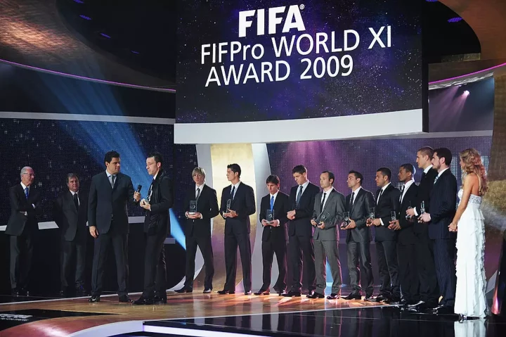 Cristiano Ronaldo, Steven Gerrard and Lionel Messi (starting sixth from left) were all named in the 2009 FIFPro Team of the Year (Image: Getty)