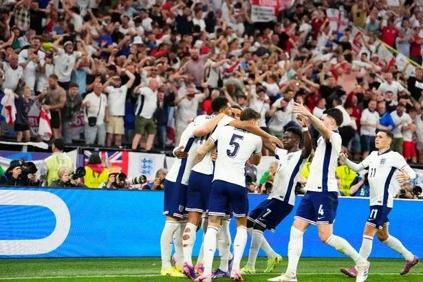 Harry Kane centre-forward of England and Bayern Munich celebrates after scoring his sides first goal during the UEFA EURO 2024 semi-final match between Netherlands and England at Football Stadium Dortmund on July 10, 2024 in Dortmund, Germany.
