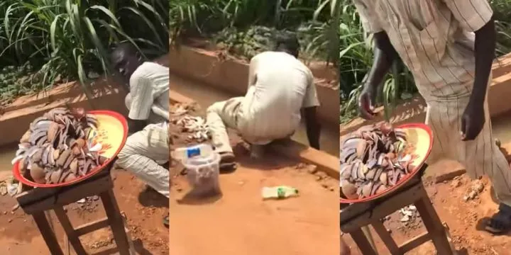 Man washes coconut in dirty water, displays it for sale