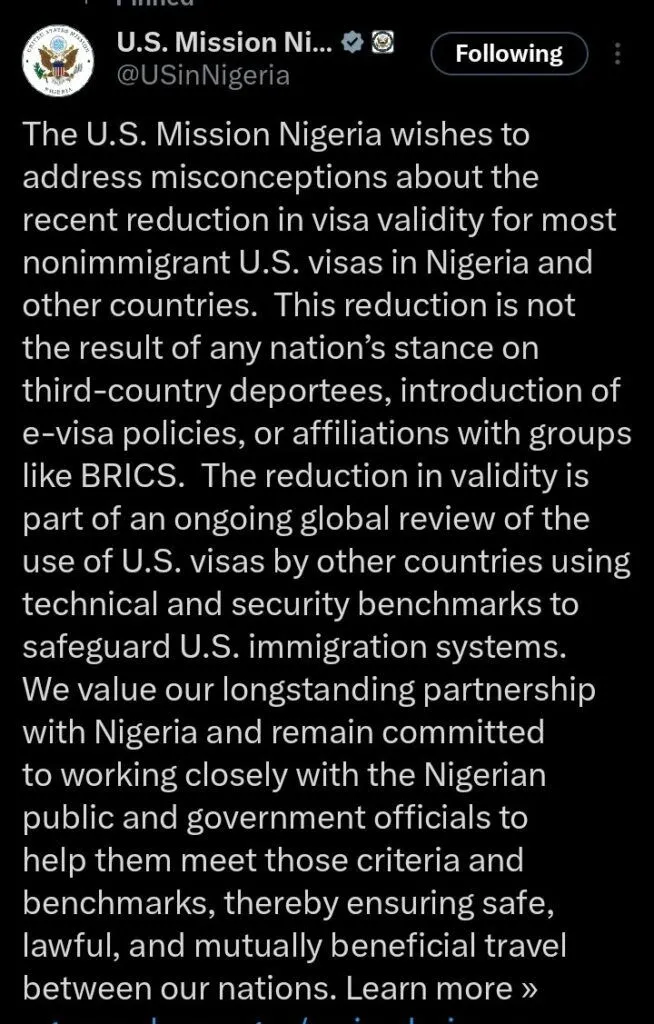 Reason for reduced visa validity for Nigerians, other nationals - US Mission