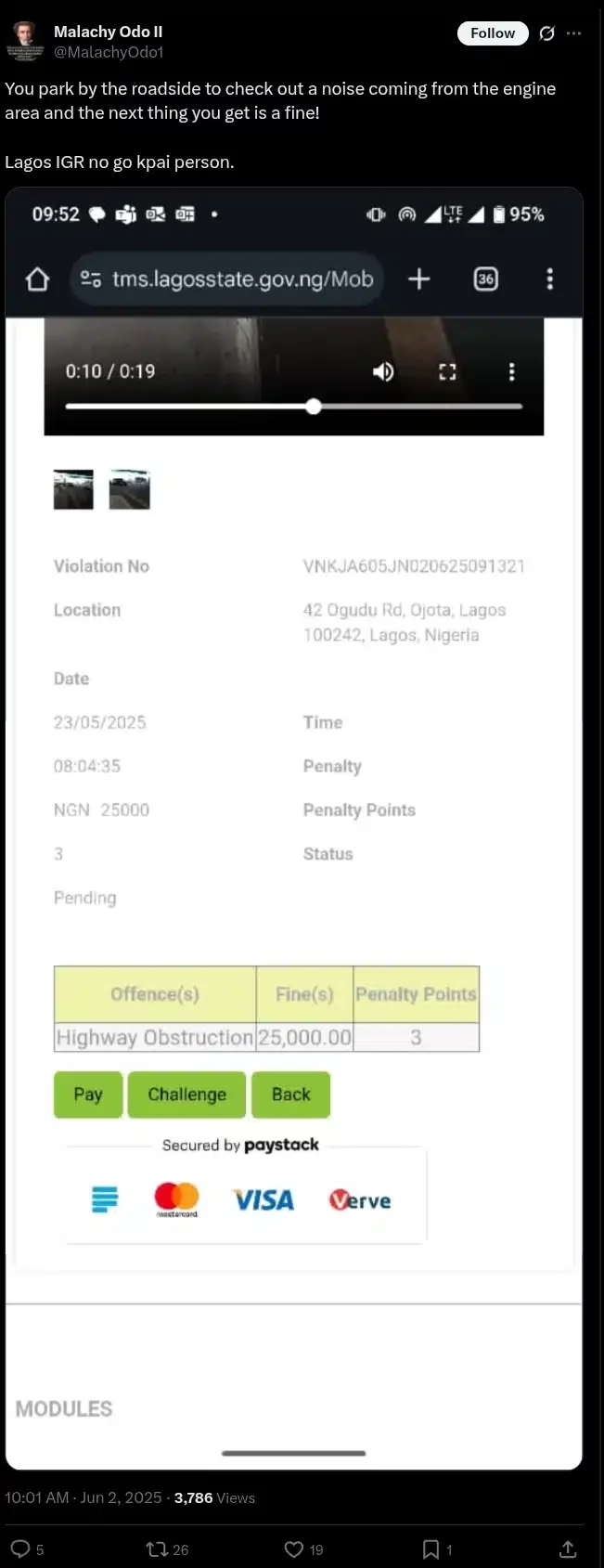 Lawyer laments after Lagos State fines him ₦24,000 seconds after parking to check car noise