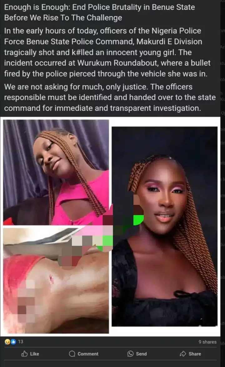 Lady passes away after police open fire during stop-and-search in Benue