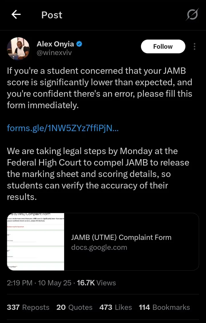 JAMB dragged to court as students claim low utme scores don't reflect performance
