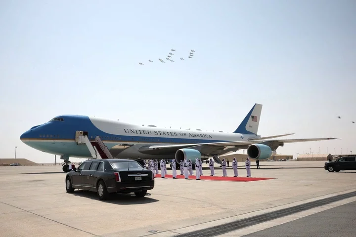 Qatari F-15 jets perform a fly over Air Force One as President Trump Doha for the UAE on May 15