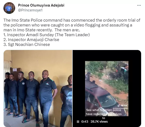 Update: Police officers caught on tape assaulting two suspects with machete in Imo state face orderly room trial