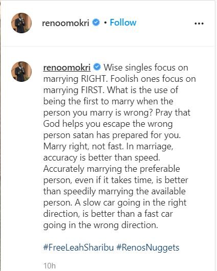'To escape the wrong person satan prepared for you, marry right, not fast' - Reno Omokri