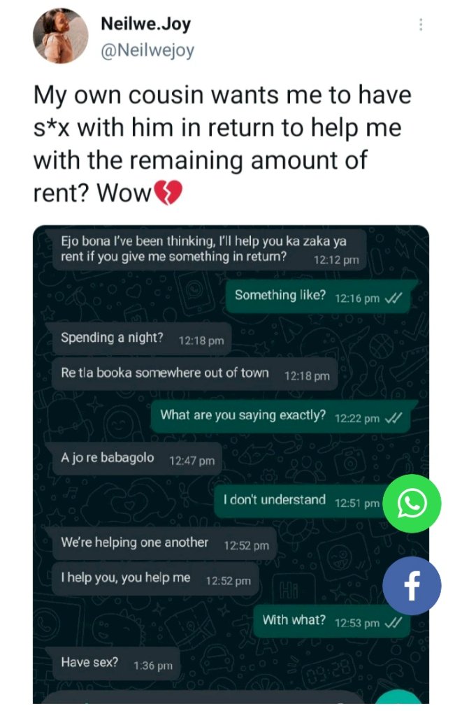 Lady shares chat with cousin who wants to sleep with her in exchange for rent