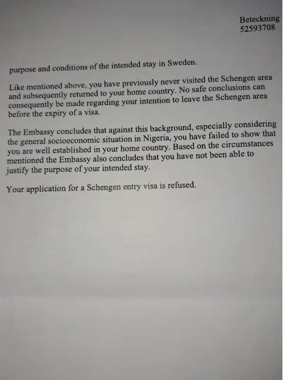 Man shares 'shocking letter' Embassy sent to Nigerian applicant on why his/her visa was denied