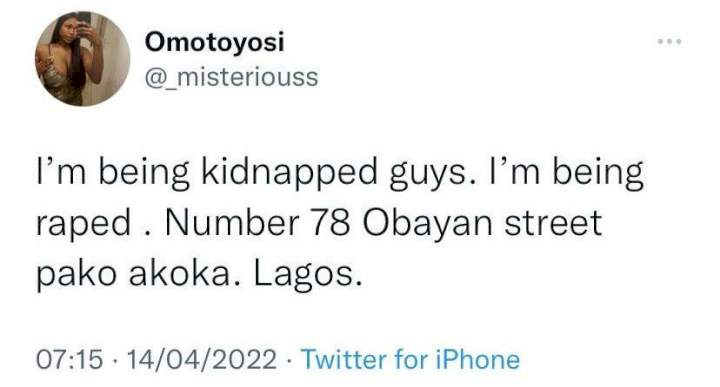 Police storm location after lady came on Twitter to raise alarm about being kidnapped and raped