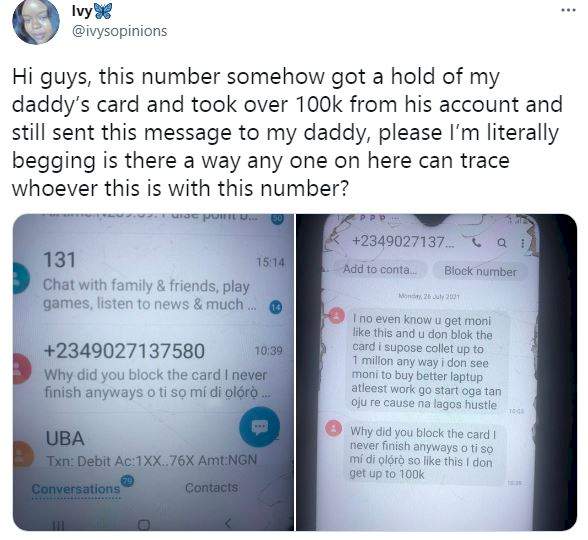 Lady cries out after her dad got a message from the individual who defrauded him bragging about the treacherous act