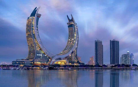 The double scimitar-shaped Fairmont/Raffles complex in the Katara Towers