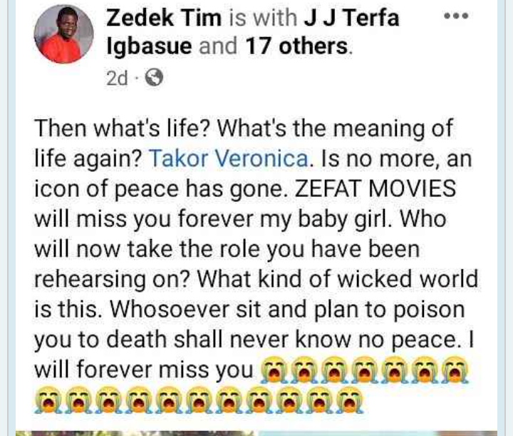 Promising Nollywood actress, Takor Veronica found dead in a hotel room in Benue State
