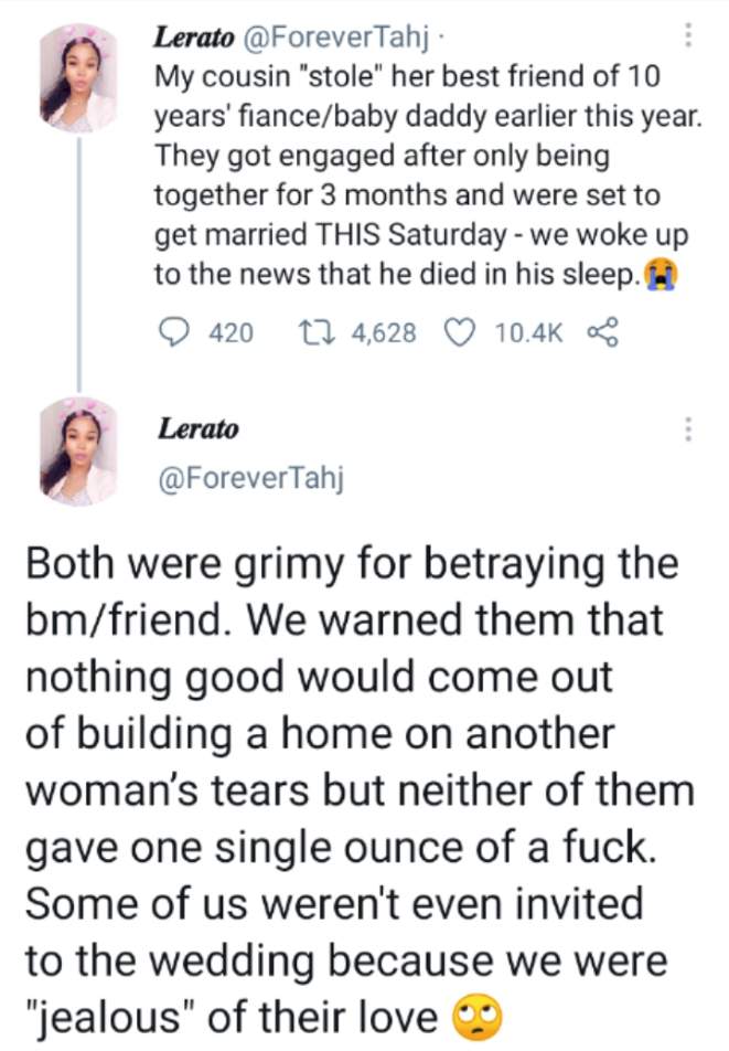 Lady Narrates How Her Cousin Who Snatched Her Bestfriends Fiance Lost Him Four Days To Their 4272