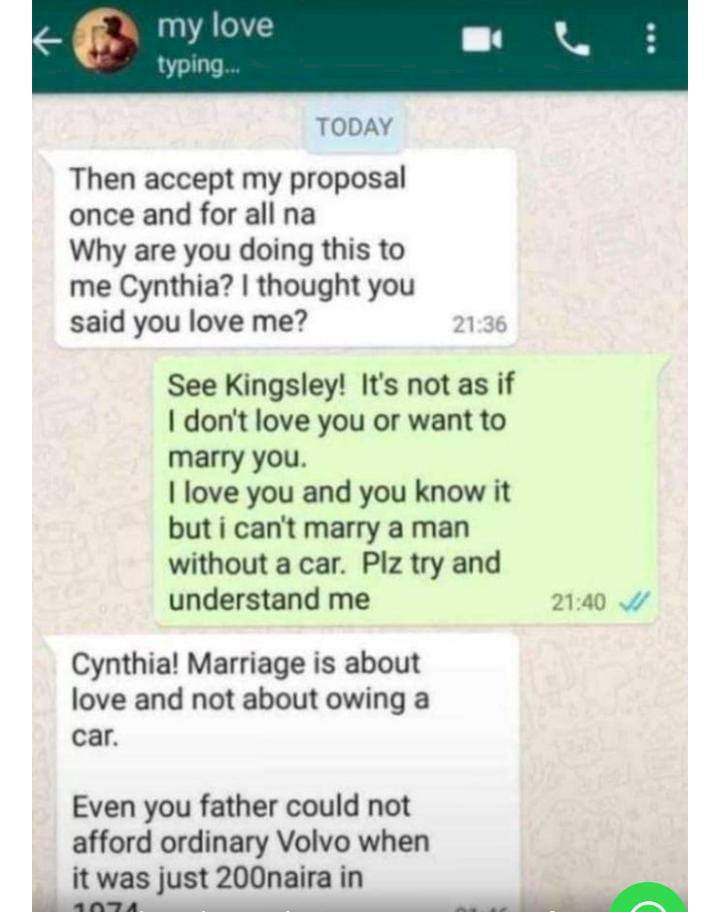'Even your father could not afford Volvo when it was N200' - Man slams girlfriend who turned down his marriage proposal