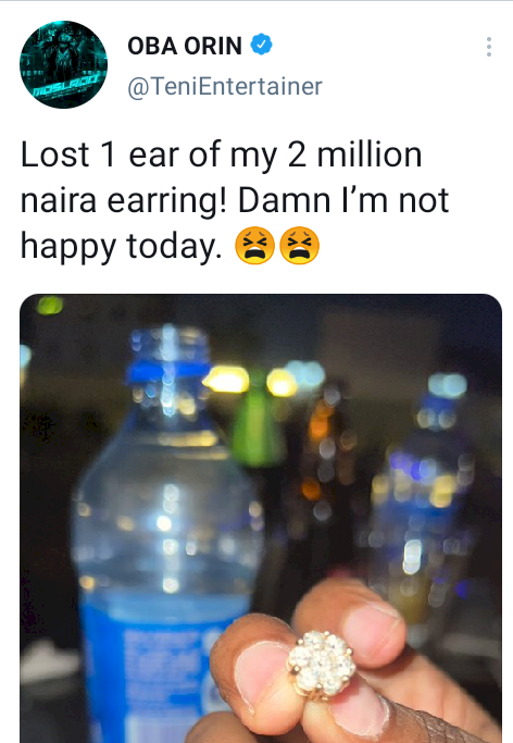 Singer Teni loses one half of her N2m earrings, says she is not happy