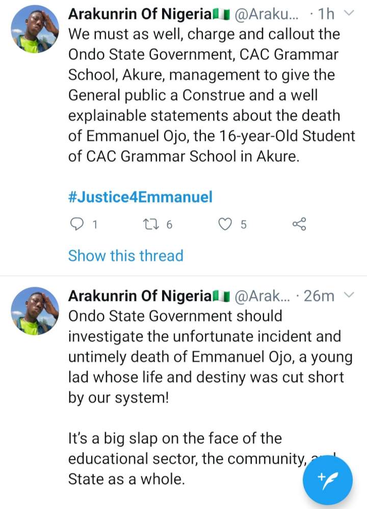 Nigerians demand answers following the death of Emmanuel Ojo, a student of CAC Grammar School Akure who died in school