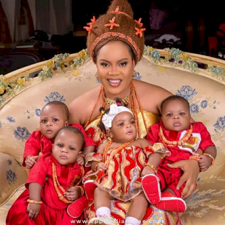 Lovely photos of Oba of Benin and his youngest wife, Queen Aisosa, with their set of quadruplets