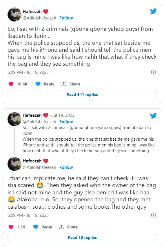 Lady narrates how 2 yahoo boys she sat with in a bus almost implicated her during a police stop