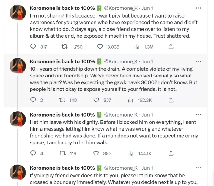 Lady recounts how she ended a friendship of over 10 years with a guy after he exposed himself in her house