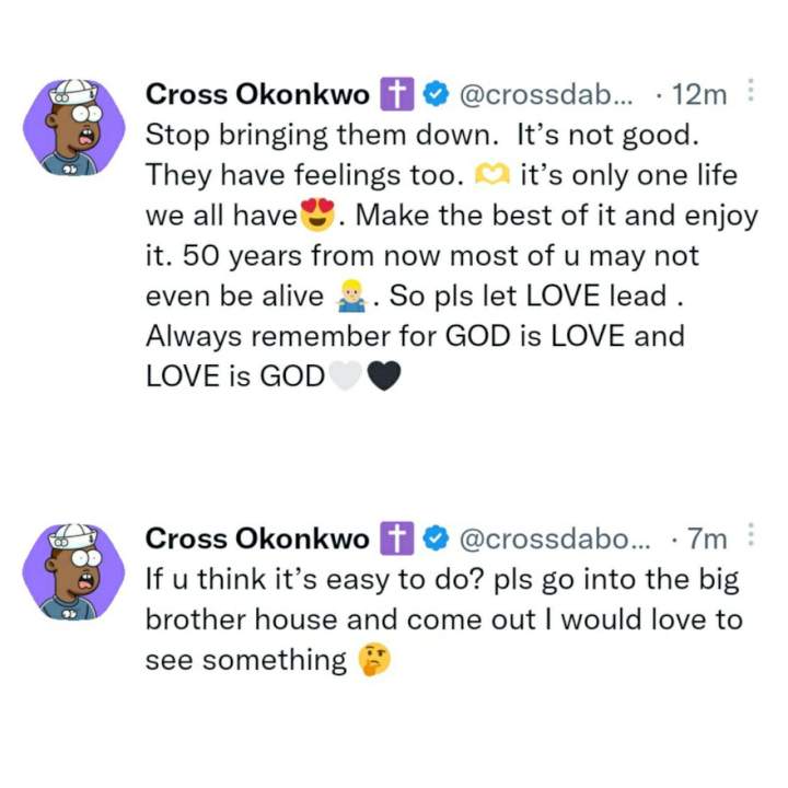 'If u think it's easy to do? pls go into the big brother house' - BBNaija's Cross knocks netizens for disrespecting BBNaija female housemates