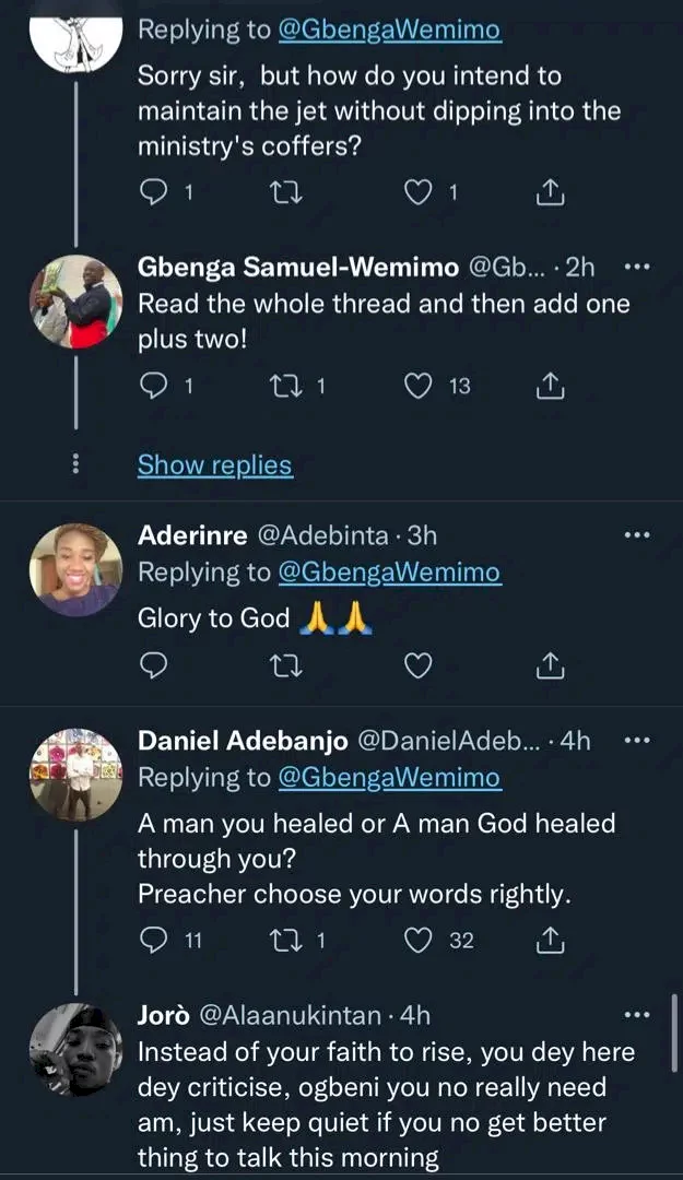 Reactions trail Pastor Gbenga Wemimo's testimony on how he got private jet as gift after healing cancer