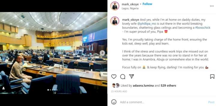 'I'm proudly taking care of the home front while my wife is out there breaking boundaries' - Nigerian man, Mark Okoye praises his wife