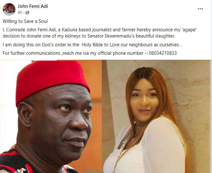 'I'm doing this on God's order' - Kaduna journalist offers to donate kidney to Ekweremadu's daughter, Sonia