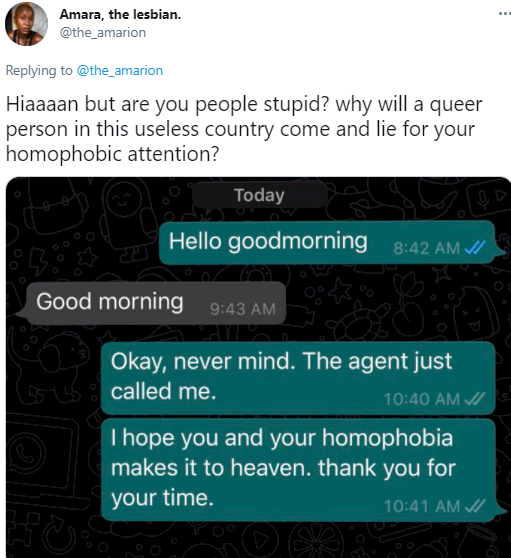 Popular Nigerian lesbian, Amara, denied an apartment after landlady went through her social media handles and discovered she is a lesbian