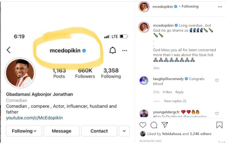 'God no go shame us' - Mc Edo Pikin celebrates his verified blue tick on Instagram