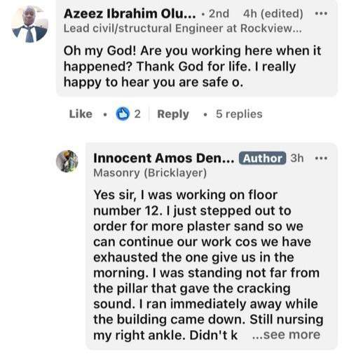 'God spared my life' Man working in collapsed Ikoyi building just before it fell narrates how he narrowly escaped being buried in the rubble