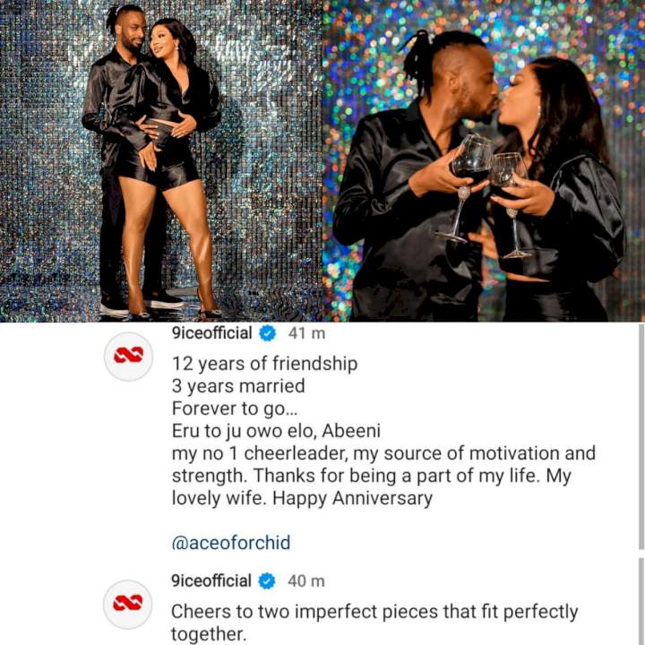 'Cheers to two imperfect pieces that fit perfectly together' - Singer 9ice writes as he celebrates 3rd wedding anniversary with his wife, Sunkanmi.