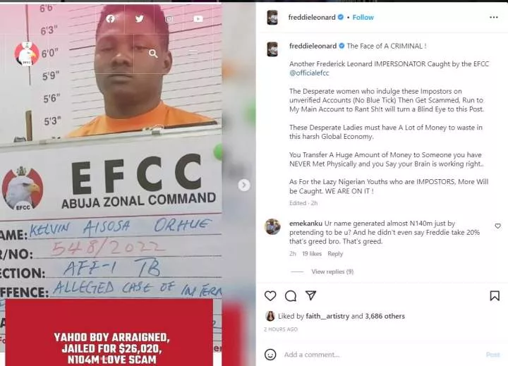 Actor, Freddie Leonard reacts as EFCC arrests his impostor who scammed a woman of N104m