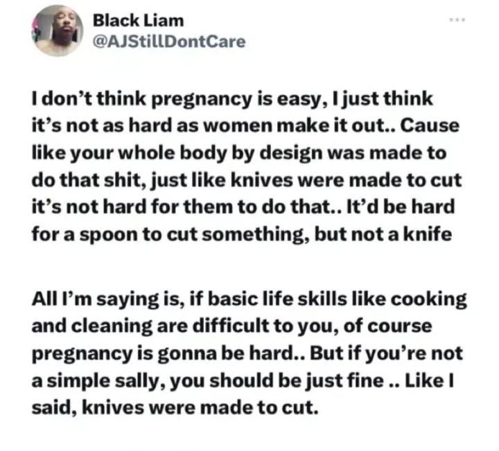 Reactions as Twitter user opines that pregnancy is not as hard as women make it look