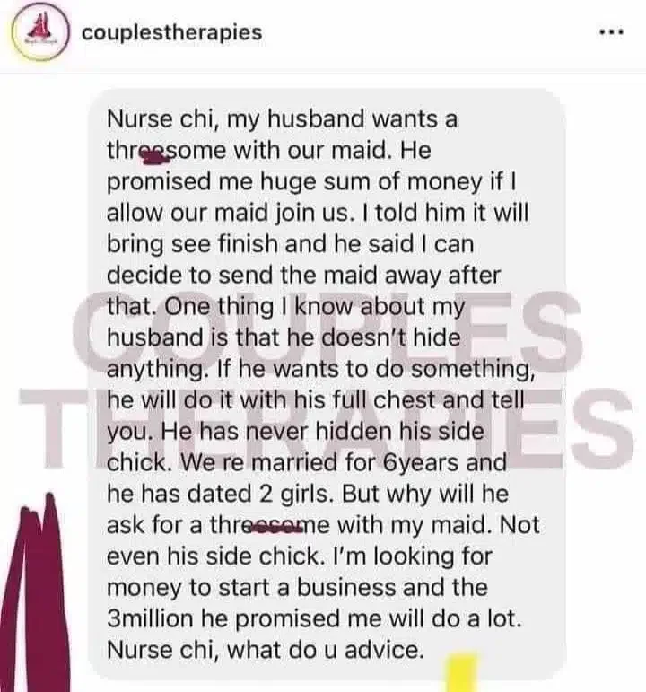 'My husband wants a threesome with our maid for N3 million' - Married woman cries out
