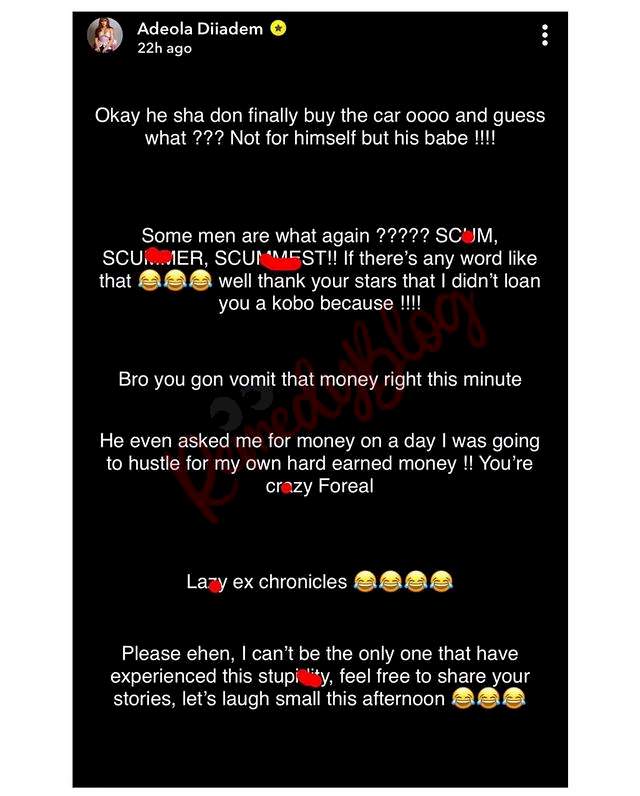 Adeola Diiadem shares experience with ex-boyfriend who woke her up at 6am to borrow N3M to buy car for girlfriend