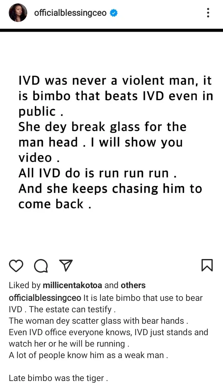 'Late Bimbo was a tiger; she was the one beating IVD even in public' - Blessing Okoro continues to spill