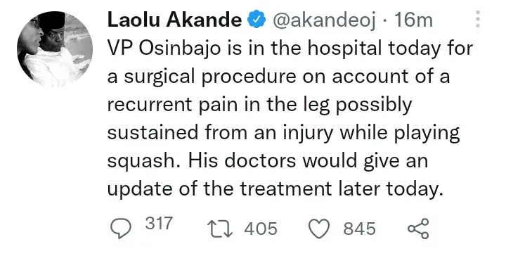 JUST IN: VP Yemi Osibanjo reportedly hospitalized, awaits surgery