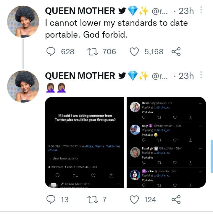 Twitter lady claims she can't lower her standards to date Portable