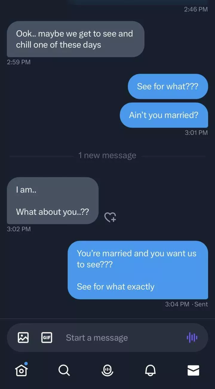 Lady shares DM she received from a Christ-loving married man who wanted them to 'see and chill'