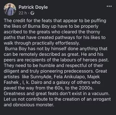 'Burna Boy is an arrogant obnoxious monster' - Patrick Doyle attacks singer
