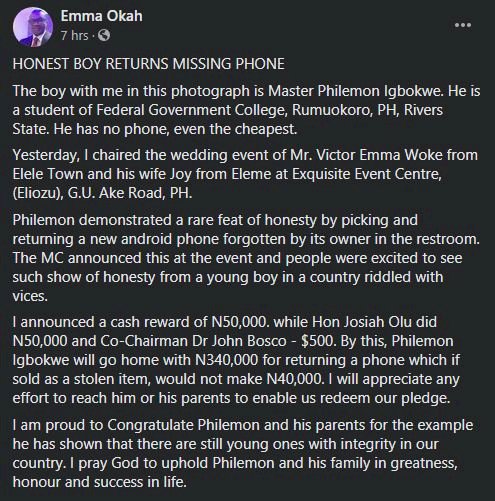 Boy gets cash reward of N340k for returning a missing phone he found at an event