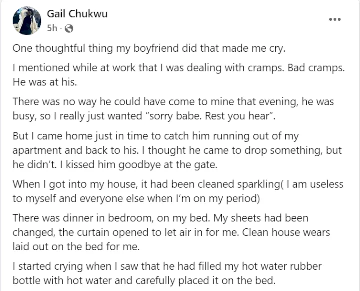 Nigerian lady narrates what her boyfriend did after she told him that she was having period cramps at work