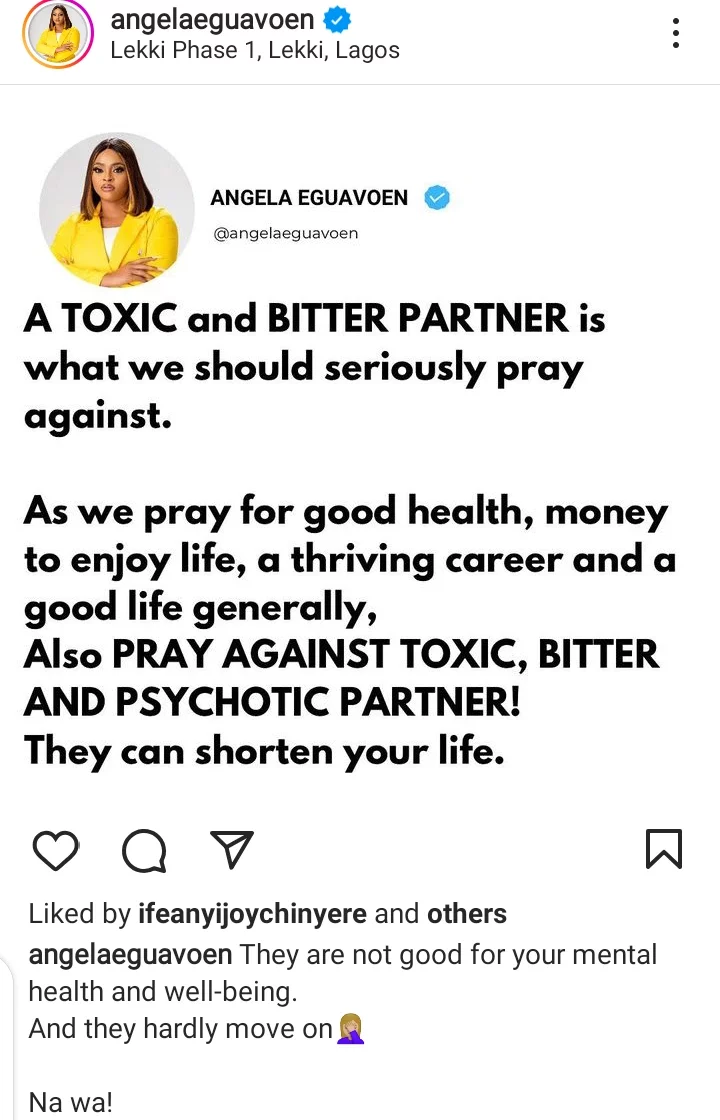 'Pray against toxic and bitter partners; they hardly move on' - Actress, Angela Eguavon warns amid Tonto Dikeh and Churchill's fresh drama