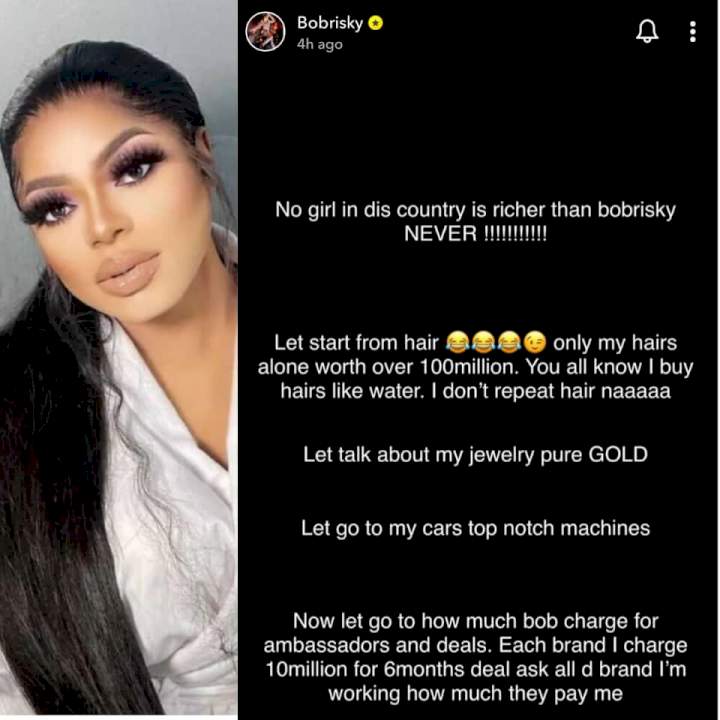 Bobrisky declares his assets as he reveals he's the 'richest girl' in Nigeria